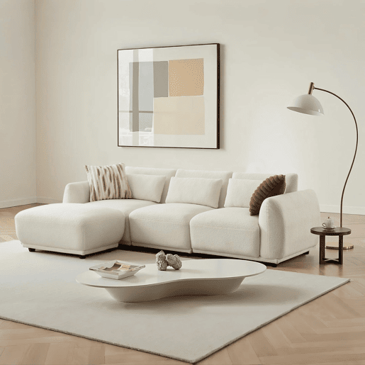 YHL Voyura 10-BEIGEWHITE Sofá multi-pessoa de peluche teddy espuma travesseiros - Formato em L - Bege branco