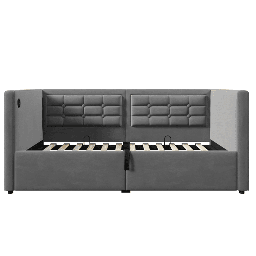 Sofá-cama 90x200 cm - Sofá-cama individual com armazenamento hidráulico, estação de carregamento USB e Type-C, base de ripas de madeira - Cinza