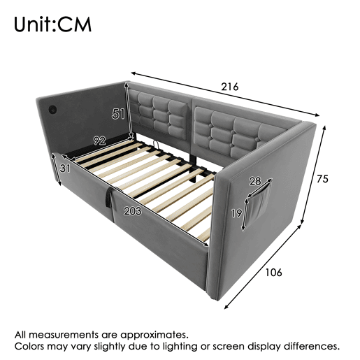 Sofá-cama 90x200 cm - Sofá-cama individual com armazenamento hidráulico, estação de carregamento USB e Type-C, base de ripas de madeira - Cinza