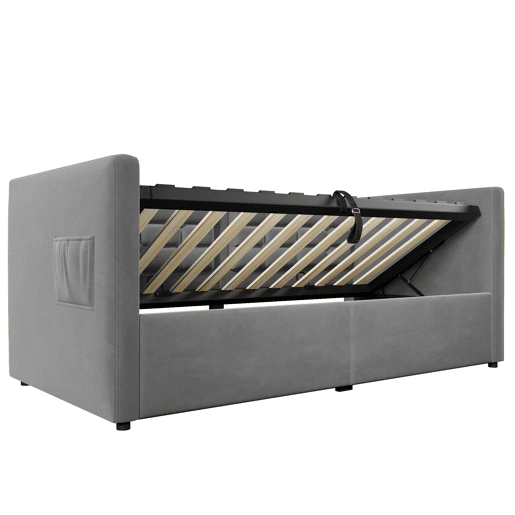 Sofá-cama 90x200 cm - Sofá-cama individual com armazenamento hidráulico, estação de carregamento USB e Type-C, base de ripas de madeira - Cinza