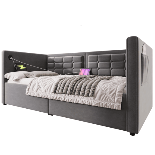 Sofá-cama 90x200 cm - Sofá-cama individual com armazenamento hidráulico, estação de carregamento USB e Type-C, base de ripas de madeira - Cinza