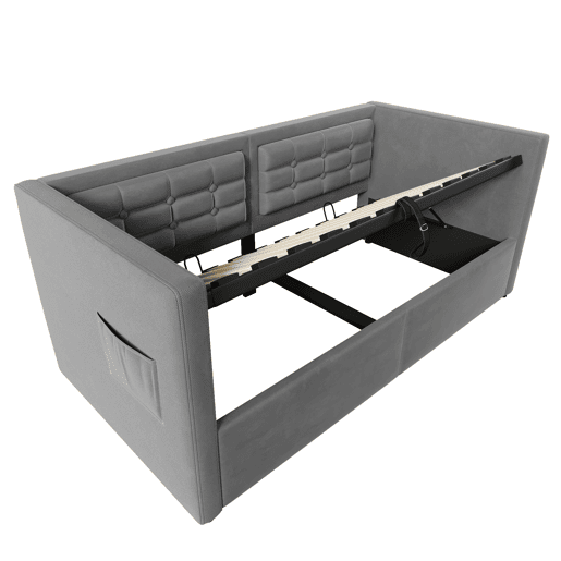 Sofá-cama 90x200 cm - Sofá-cama individual com armazenamento hidráulico, estação de carregamento USB e Type-C, base de ripas de madeira - Cinza