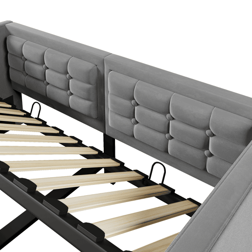 Sofá-cama 90x200 cm - Sofá-cama individual com armazenamento hidráulico, estação de carregamento USB e Type-C, base de ripas de madeira - Cinza