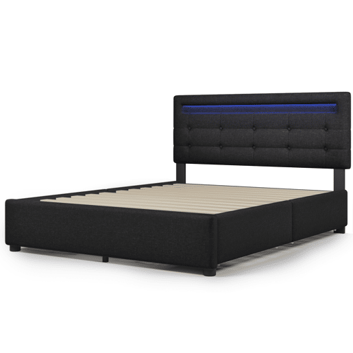 Cama estofada 140x200 cm - Com iluminação LED, 4 gavetas, cabeceira ajustável, estrado de madeira - Preto