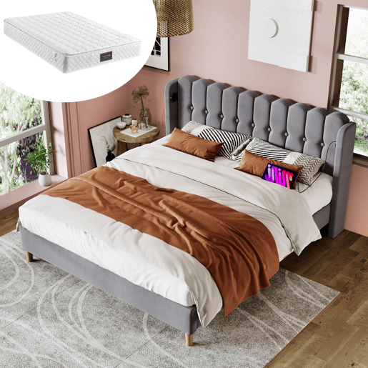 Cama de casal 140x200 cm - com carregador USB tipo C, com cabeceira ajustável - Cinza