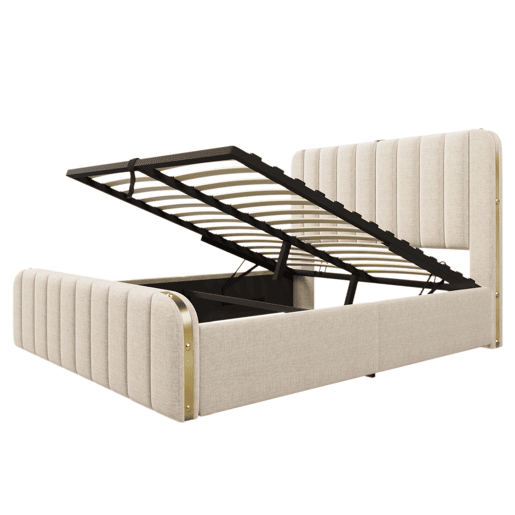 Cama de casal 140x200 - Cabeceira estofada com tiras douradas e entrada USB Tipo-C, armazenamento hidráulico - Bege