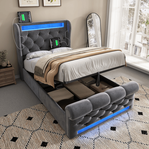 Cama estofada individual 90x200cm - Cama com luzes LED, cabeceira com arrumação e portas USB e Tipo-C, cama hidráulica - Cinza