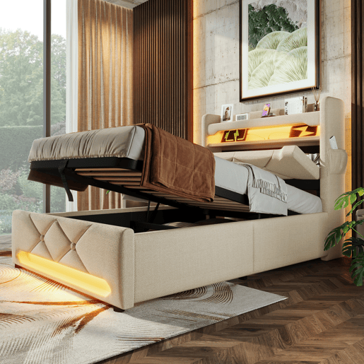 Cama individual 90x200 - Com arrumação e LED 360 - Bege Cama individual 90x200 - Com arrumação e LED 360 - Bege