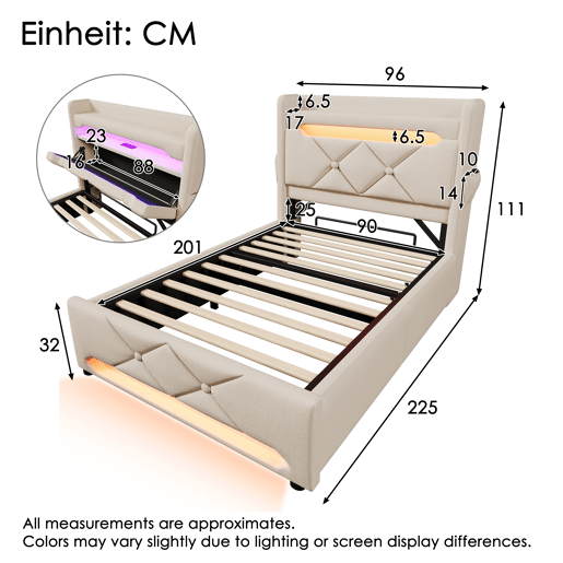 Cama individual 90x200 - Com arrumação e LED 360 - Bege Cama individual 90x200 - Com arrumação e LED 360 - Bege