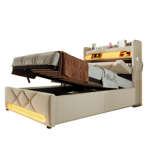 Cama individual 90x200 - Com arrumação e LED 360 - Bege Cama individual 90x200 - Com arrumação e LED 360 - Bege