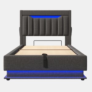 Cama estofada 90x200 cm - Cabeceira com arrumação, portas USB e Tipo-C, iluminação LED, arrumação hidráulica - Cinza