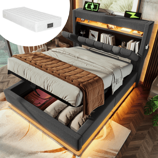 Cama estofada 90x200 cm - Cabeceira com arrumação, portas USB e Tipo-C, iluminação LED, arrumação hidráulica - Cinza
