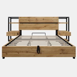 Cama de casal 180×200 cm - Cama hidráulica com arrumação, cabeceira com gavetas e portas USB e Type-C - Cor carvalho