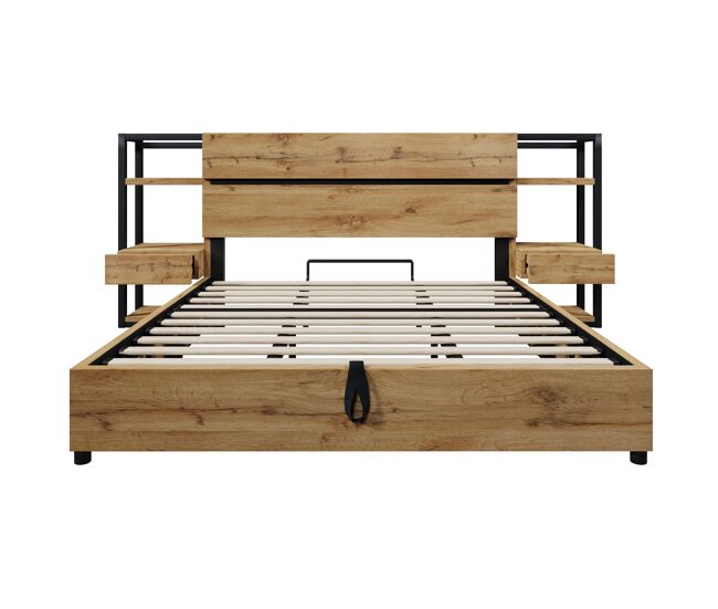 Cama doble 180×200 cm - cama hidráulica con almacenamiento, cabecero con cajones y puertos usb&type-c - color roble