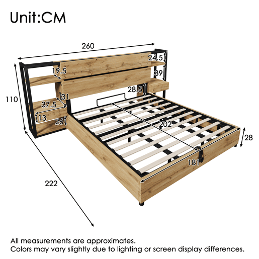 Cama de casal 180×200 cm - Cama hidráulica com arrumação, cabeceira com gavetas e portas USB e Type-C - Cor carvalho Cama de casal 180×200 cm - Cama hidráulica com arrumação, cabeceira com gavetas e portas USB e Type-C - Cor carvalho
