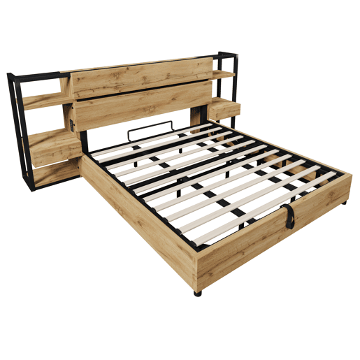 Cama de casal 180×200 cm - Cama hidráulica com arrumação, cabeceira com gavetas e portas USB e Type-C - Cor carvalho Cama de casal 180×200 cm - Cama hidráulica com arrumação, cabeceira com gavetas e portas USB e Type-C - Cor carvalho