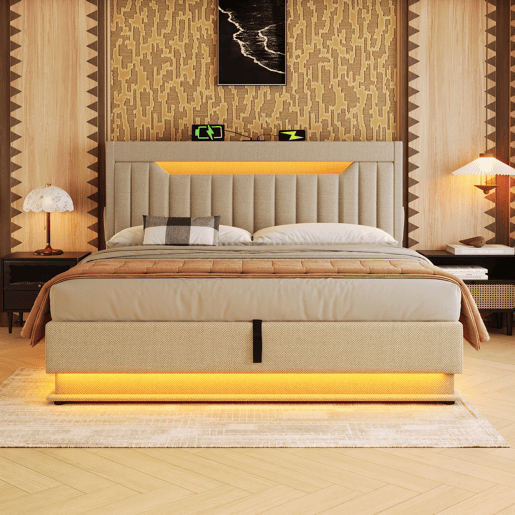 Cama estofada 180x200 cm - Cabeceira com arrumação, portas USB e Tipo C, iluminação LED, espaço hidráulico - Bege