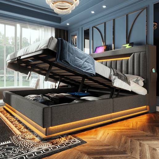 Cama estofada 160x200 cm - Cabeceira com arrumação, portas USB e Tipo-C, iluminação LED, arrumação hidráulica - Cinza