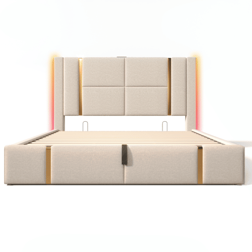 Cama estofada 160x200 - Função de carregamento USB Tipo C, controlo por APP, LED, com armazenamento - Bege