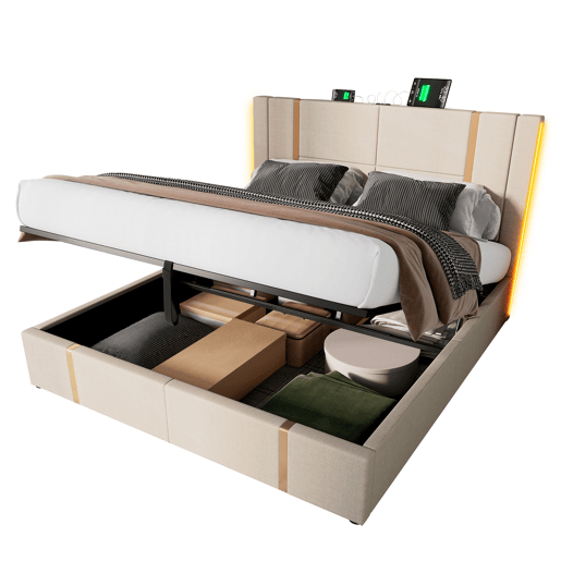 Cama estofada 160x200 - Função de carregamento USB Tipo C, controlo por APP, LED, com armazenamento - Bege