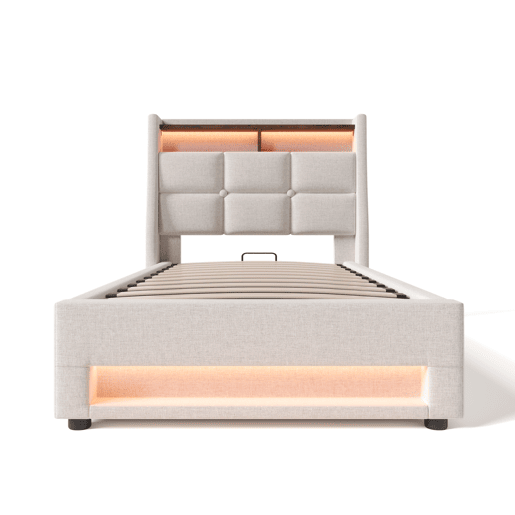 Cama estofada 90x200 - Cama LED com USB, estrutura metálica, com estrado, material de linho, para jovens - Bege