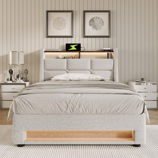 Cama estofada 90x200 - Cama LED com USB, estrutura metálica, com estrado, material de linho, para jovens - Bege