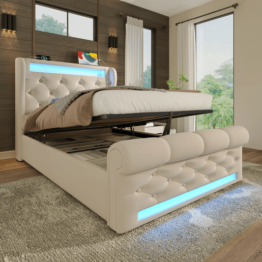 Cama individual 90x200cm - Cama estofada com luzes LED, cabeceira com arrumação e portas USB e Tipo-C, cama hidráulica, bege