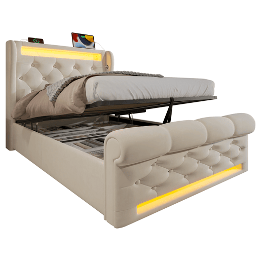 Cama individual 90x200cm - Cama estofada com luzes LED, cabeceira com arrumação e portas USB e Tipo-C, cama hidráulica, bege