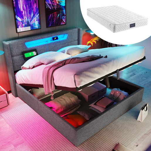 Cama estofada 140x200 - com função de carregamento USB tipo C e luz LED - Bege