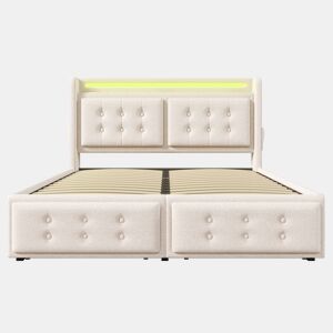 Cama estofada 140x200 cm - Cama de casal com cabeceira LED e função de carregamento USB C, 4 gavetas, estrado de madeira e estrutura metálica, capacidade 300 kg - Bege