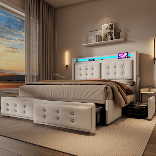 Cama estofada 140x200 cm - Cama de casal com cabeceira LED e função de carregamento USB C, 4 gavetas, estrado de madeira e estrutura metálica, capacidade 300 kg - Bege