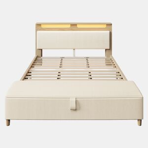Cama de casal 180x200 cm - com banco, cabeceira com arrumação, iluminação LED, encosto em veludo cotelê bege - Bétula clara