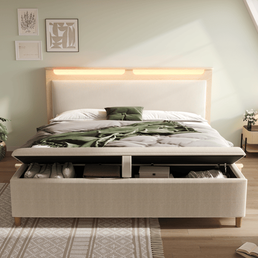 Cama de casal 180x200 cm - com banco, cabeceira com arrumação, iluminação LED, encosto em veludo cotelê bege - Bétula clara Cama de casal 180x200 cm - com banco, cabeceira com arrumação, iluminação LED, encosto em veludo cotelê bege - Bétula clara