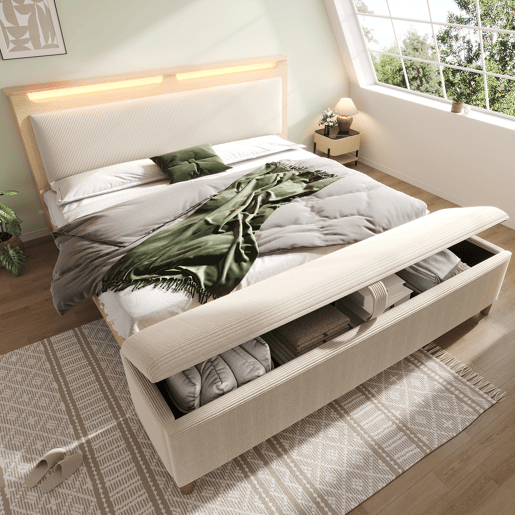 Cama de casal 180x200 cm - com banco, cabeceira com arrumação, iluminação LED, encosto em veludo cotelê bege - Bétula clara Cama de casal 180x200 cm - com banco, cabeceira com arrumação, iluminação LED, encosto em veludo cotelê bege - Bétula clara