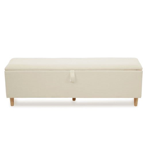 Cama de casal 180x200 cm - com banco, cabeceira com arrumação, iluminação LED, encosto em veludo cotelê bege - Bétula clara Cama de casal 180x200 cm - com banco, cabeceira com arrumação, iluminação LED, encosto em veludo cotelê bege - Bétula clara