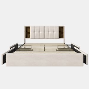 Cama de casal 160x200cm - Cama estofada com 4 gavetas e carregamento sem fios USB C - Veludo bege