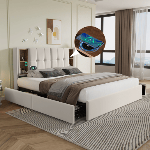 Cama de casal 160x200cm - Cama estofada com 4 gavetas e carregamento sem fios USB C - Veludo bege