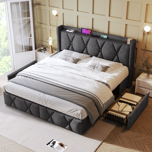 Cama de casal 140x200 - cabeceira com função de carregamento USB e 4 gavetas, estrutura com estrado de madeira - CinzaCama de casal 140x200 - cabeceira com função de carregamento USB e 4 gavetas, estrutura com estrado de madeira - Cinza