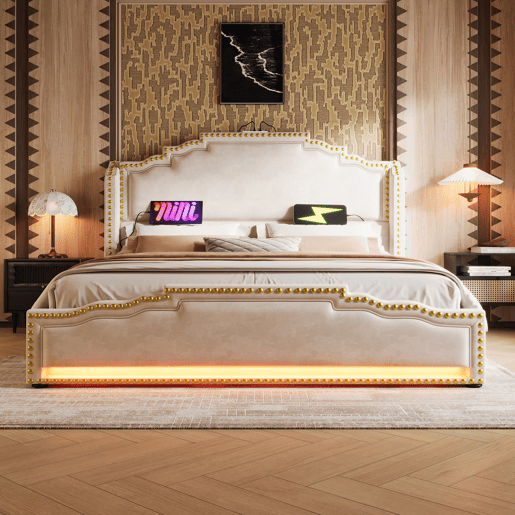 Cama Polsterbett 140x200 - Com 4 gavetas, iluminação LED, porta USB-C, cama juvenil com estrado, veludo, bege - Com colchão