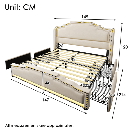Cama Polsterbett 140x200 - Com 4 gavetas, iluminação LED, porta USB-C, cama juvenil com estrado, veludo, bege - Com colchão