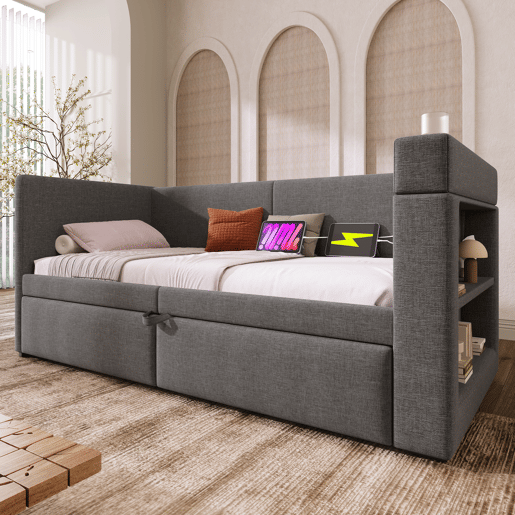 Sofá-cama 90x200 cm - Sofá individual com cama extraível, apoios de braços com portas USB e Type-C e porta-copos - Cinza