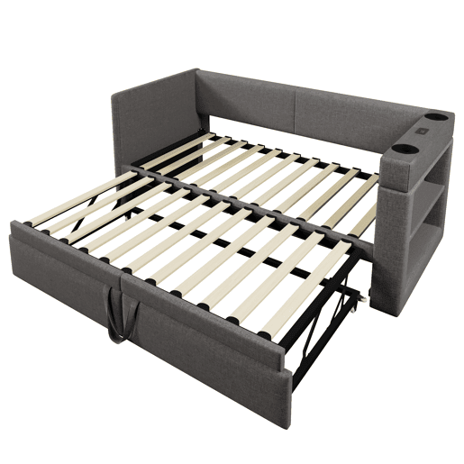 Sofá-cama 90x200 cm - Sofá individual com cama extraível, apoios de braços com portas USB e Type-C e porta-copos - Cinza