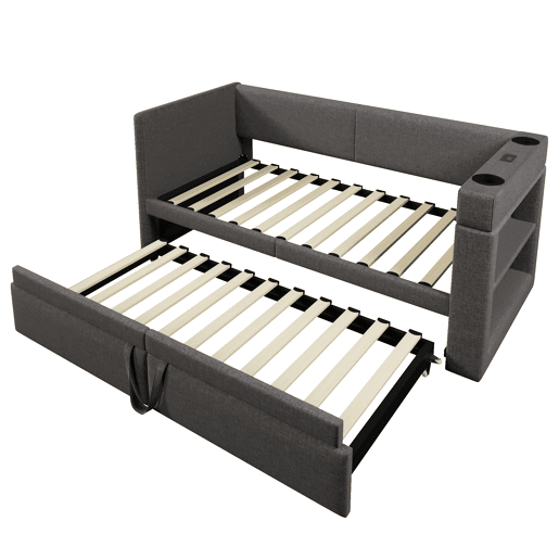 Sofá-cama 90x200 cm - Sofá individual com cama extraível, apoios de braços com portas USB e Type-C e porta-copos - Cinza