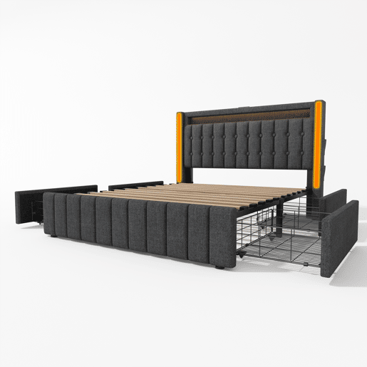 Cama estofada 140x200 cm - função de carregamento USB Tipo C, luz LED e 4 gavetas - Cinza