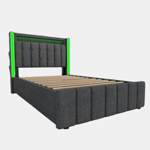 Cama estofada 90x200 cm - função USB Tipo C, iluminação LED e 2 gavetas - Cinza