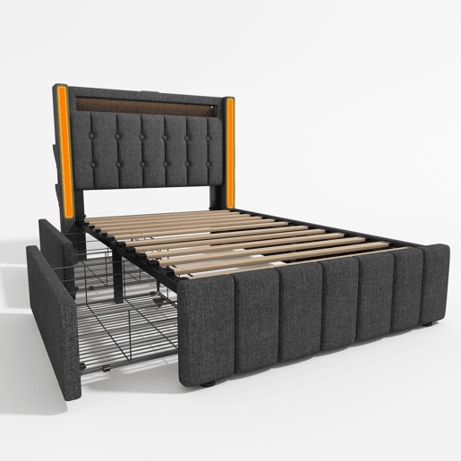 Cama estofada 90x200 cm - função USB Tipo C, iluminação LED e 2 gavetas - Cinza