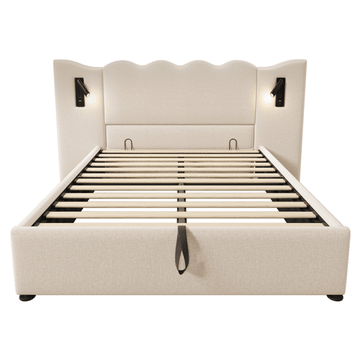 Cama estofada 160x200 com candeeiro de leitura, porta USB-C e espaço de arrumação - Bege