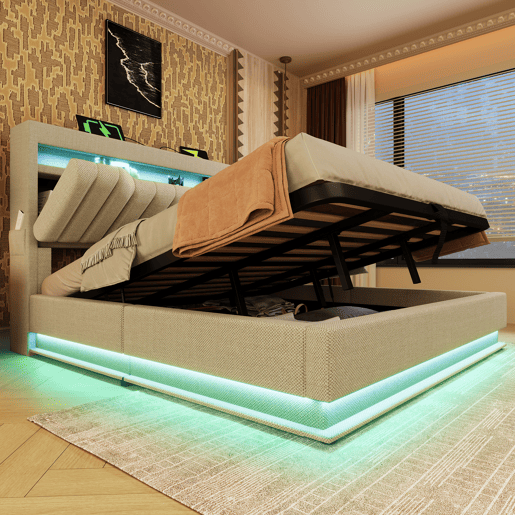 Cama estofada 160x200 cm - Cabeceira com arrumação, portas USB e Tipo-C, iluminação LED, bege, linho