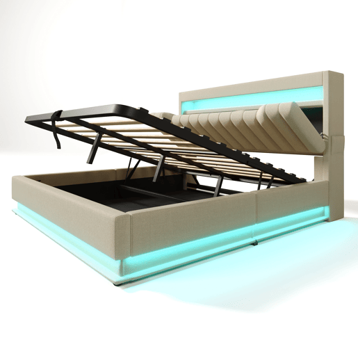 Cama estofada 160x200 cm - Cabeceira com arrumação, portas USB e Tipo-C, iluminação LED, bege, linho
