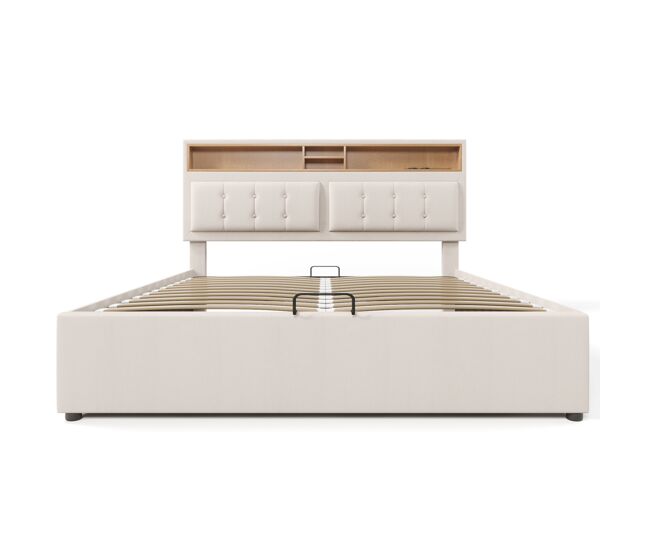 Cama tapizada 140x200cm - con puerto usb c y cabecero - beige